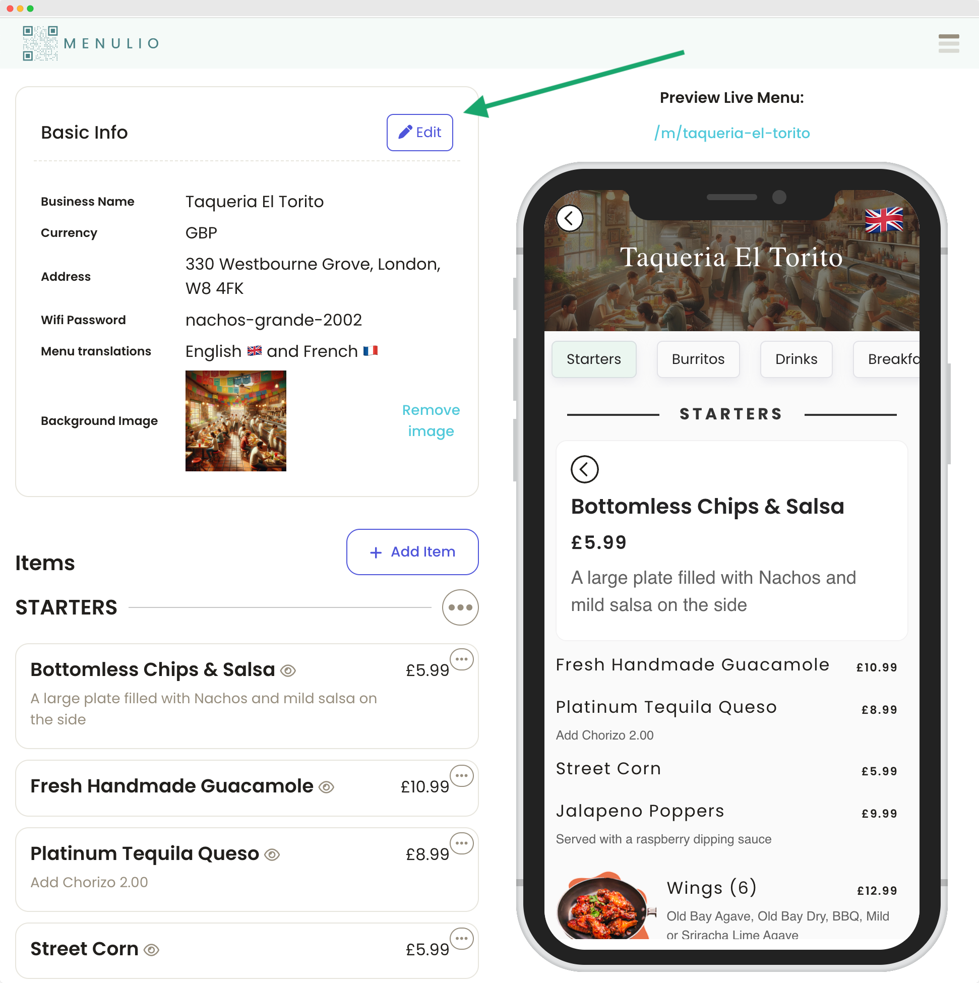 Add business details in Menulio