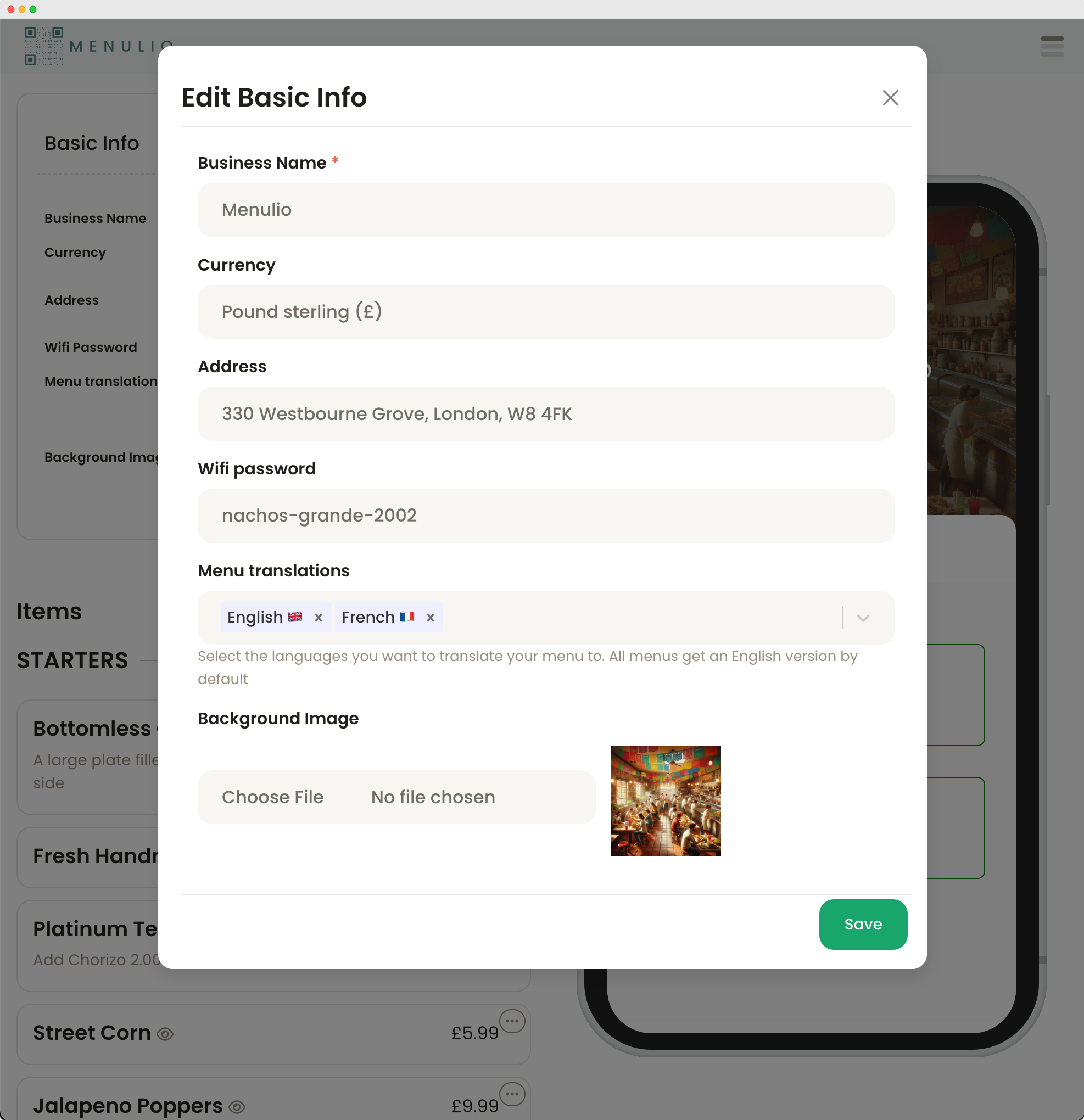 Edit menu settings in Menulio