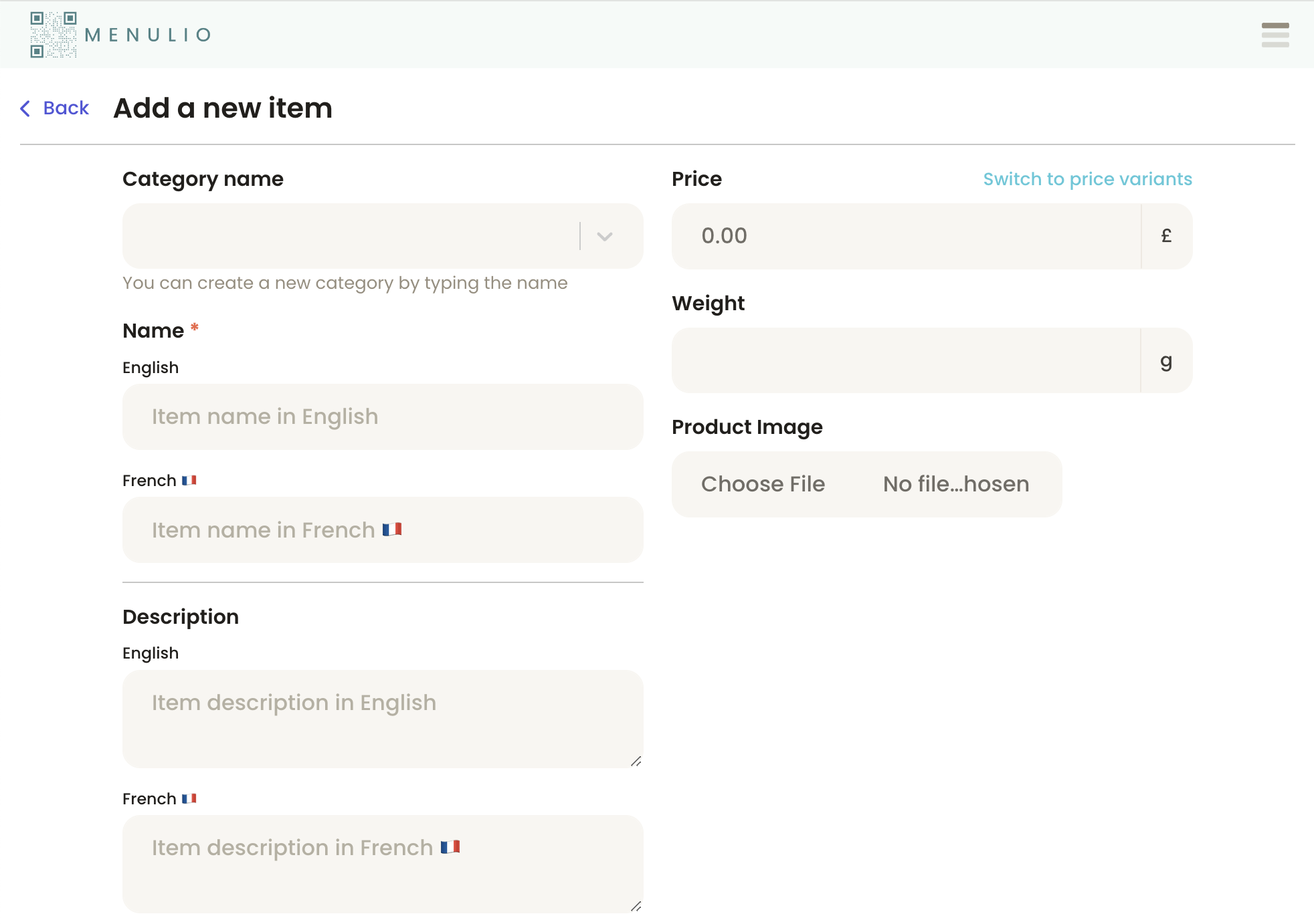 Edit item details in Menulio