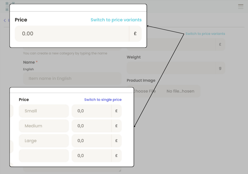 Set menu item price variants