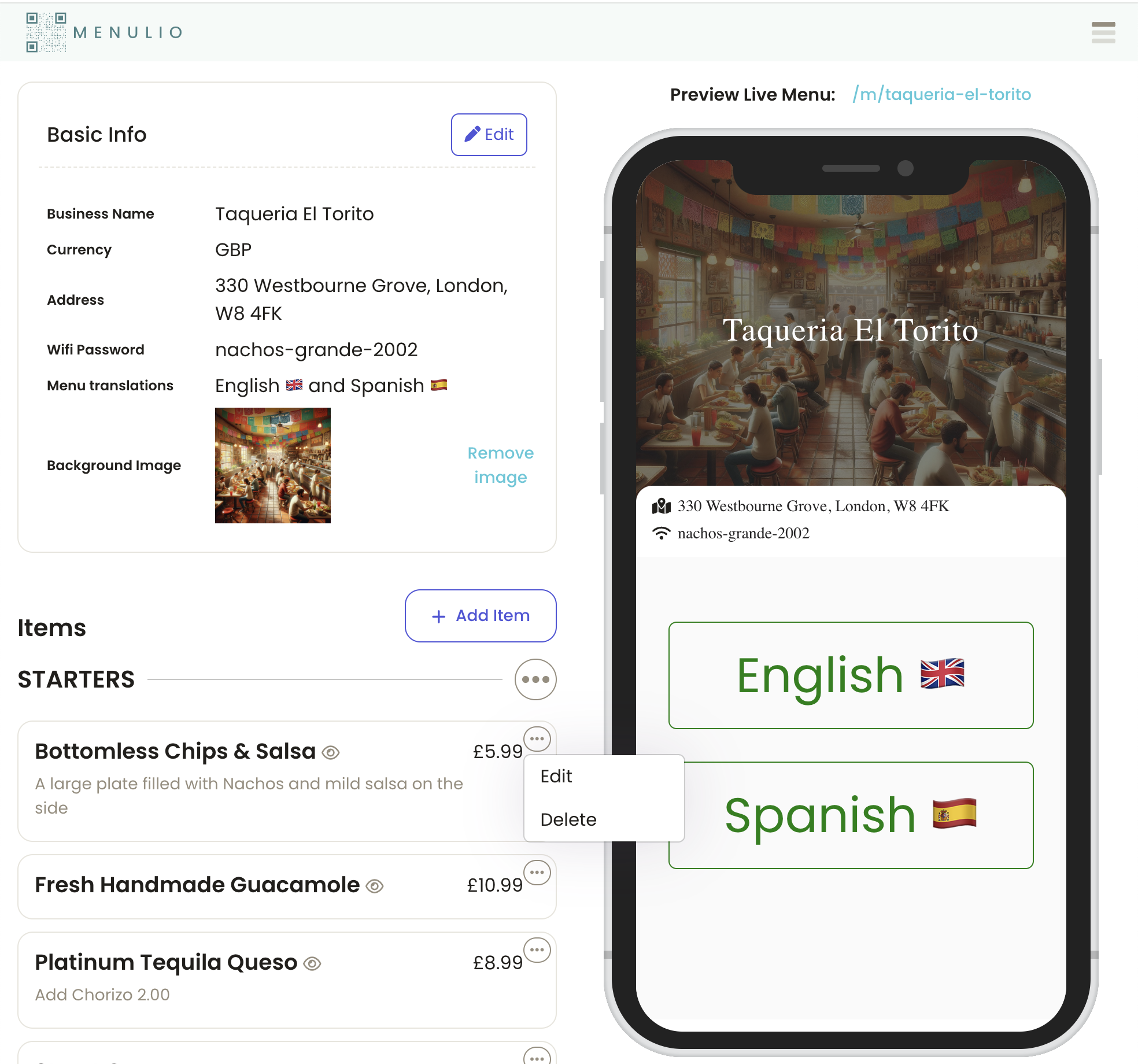 Open a menu item for translation