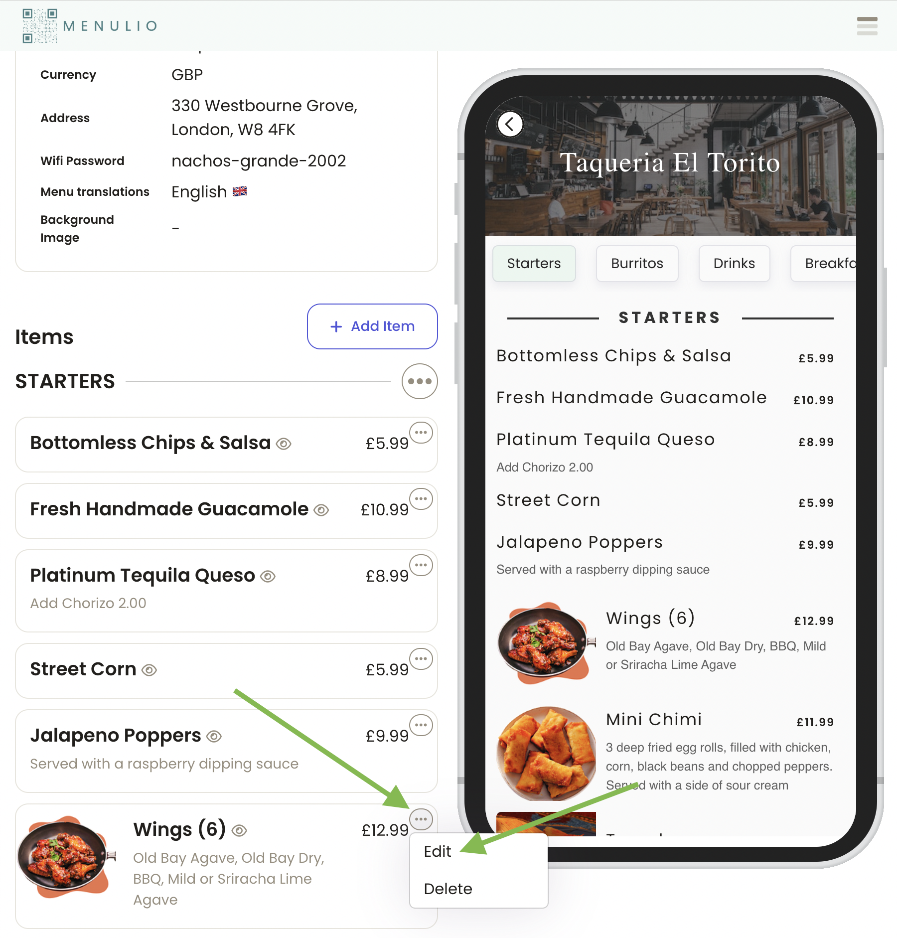 Edit a menu item in Menulio