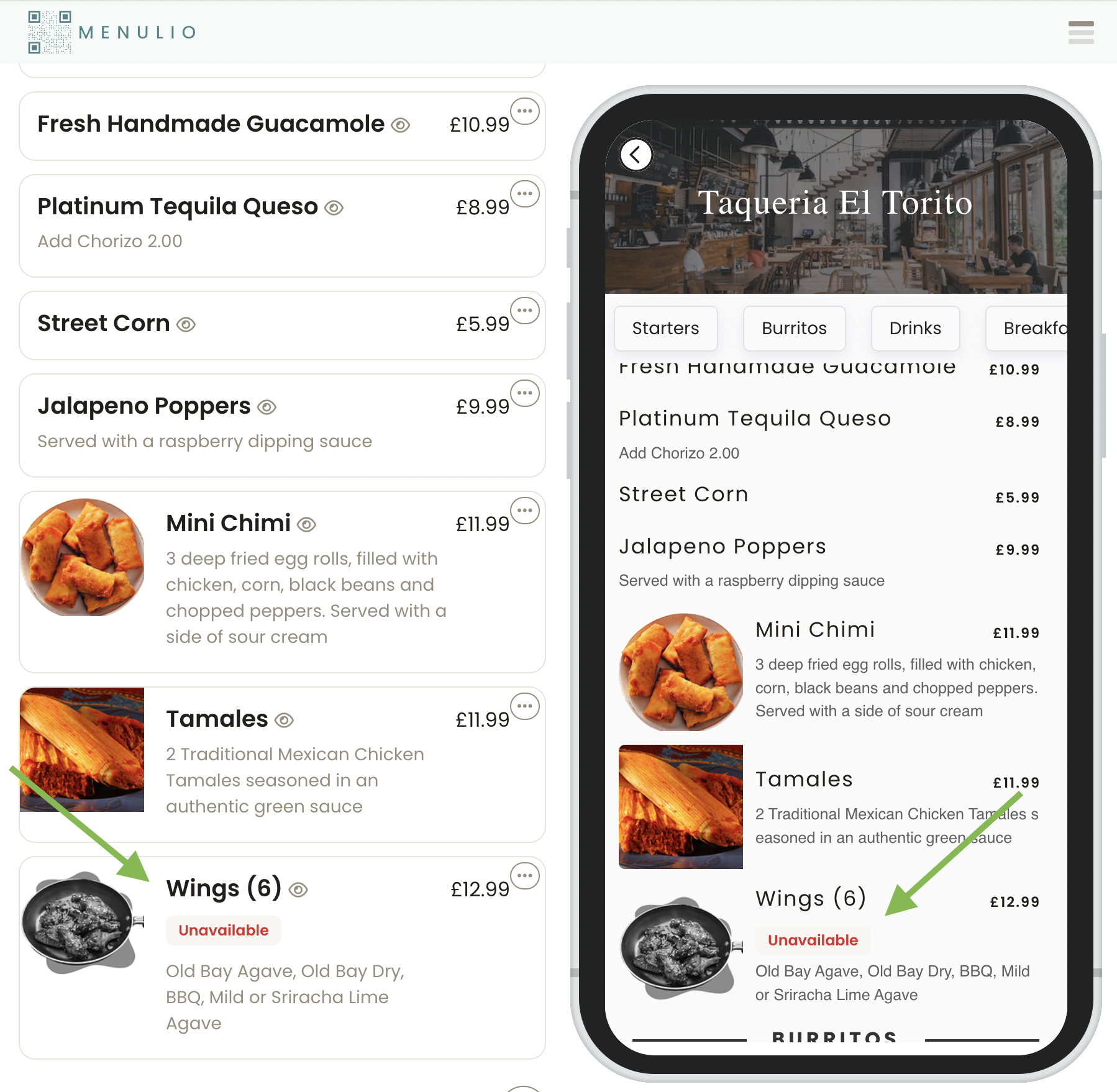 Unavailable items sorted on a public menu