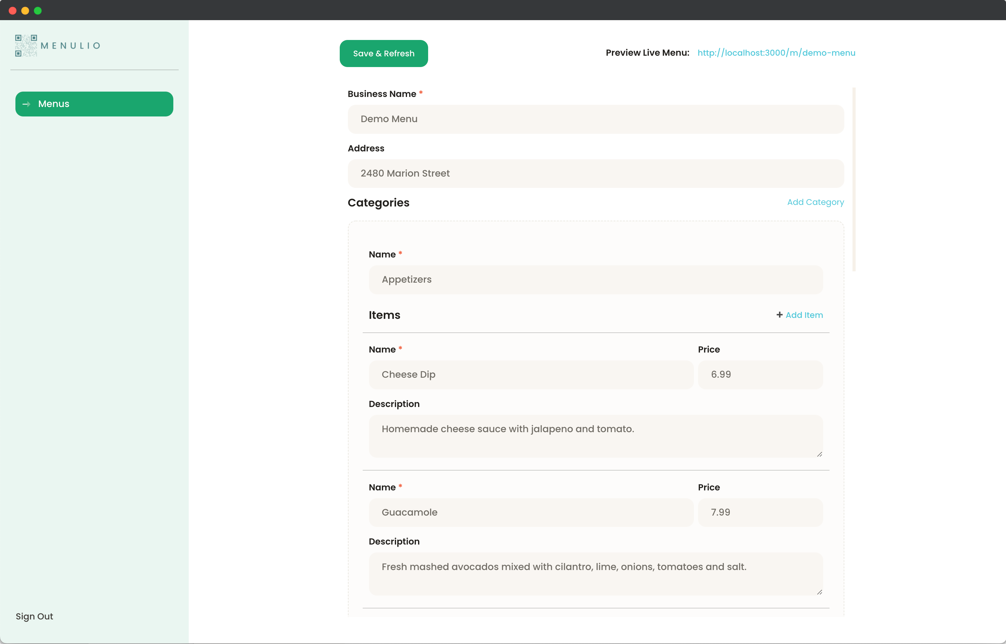 Create a Menulio QR menu