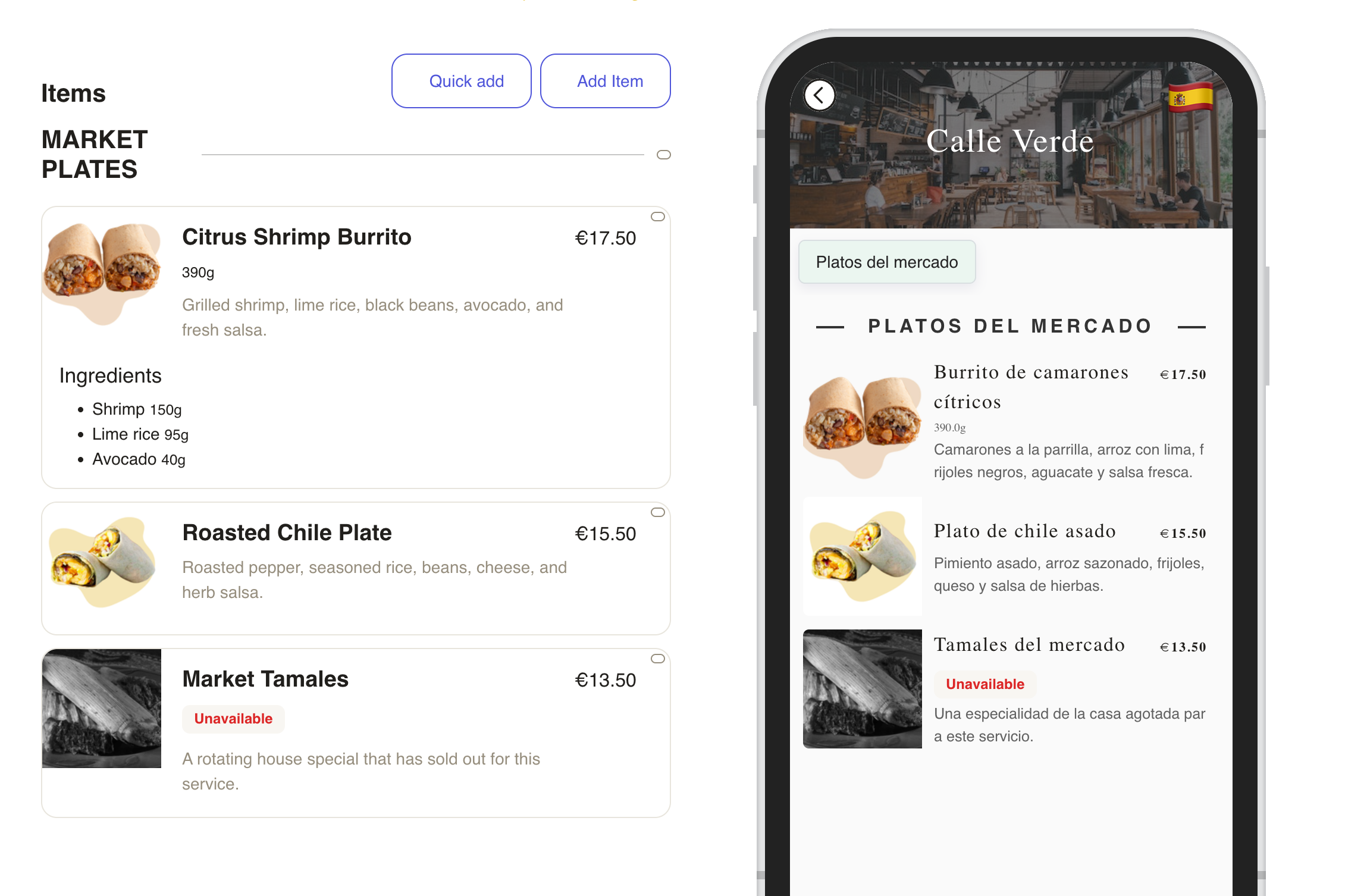 Fictional Calle Verde menu in Menulio, with its operator editor and Spanish guest view