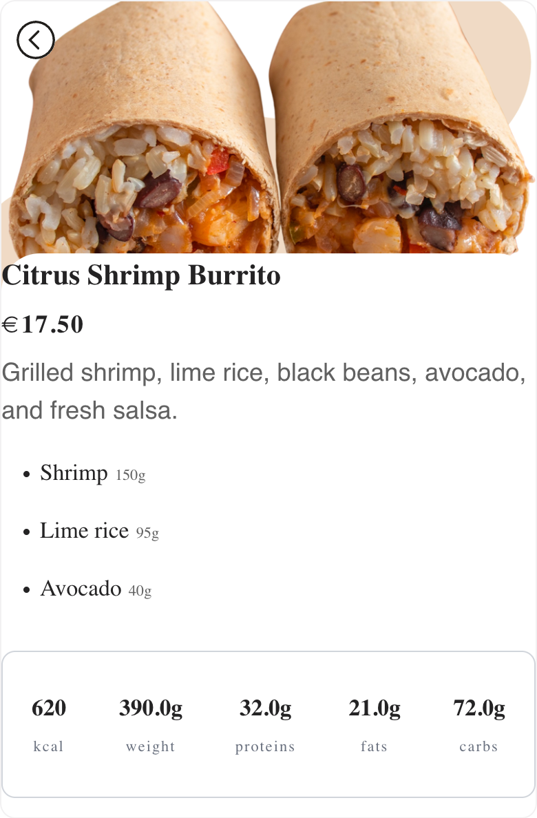 Fictional Citrus Shrimp Burrito page in Menulio with ingredients and nutrition