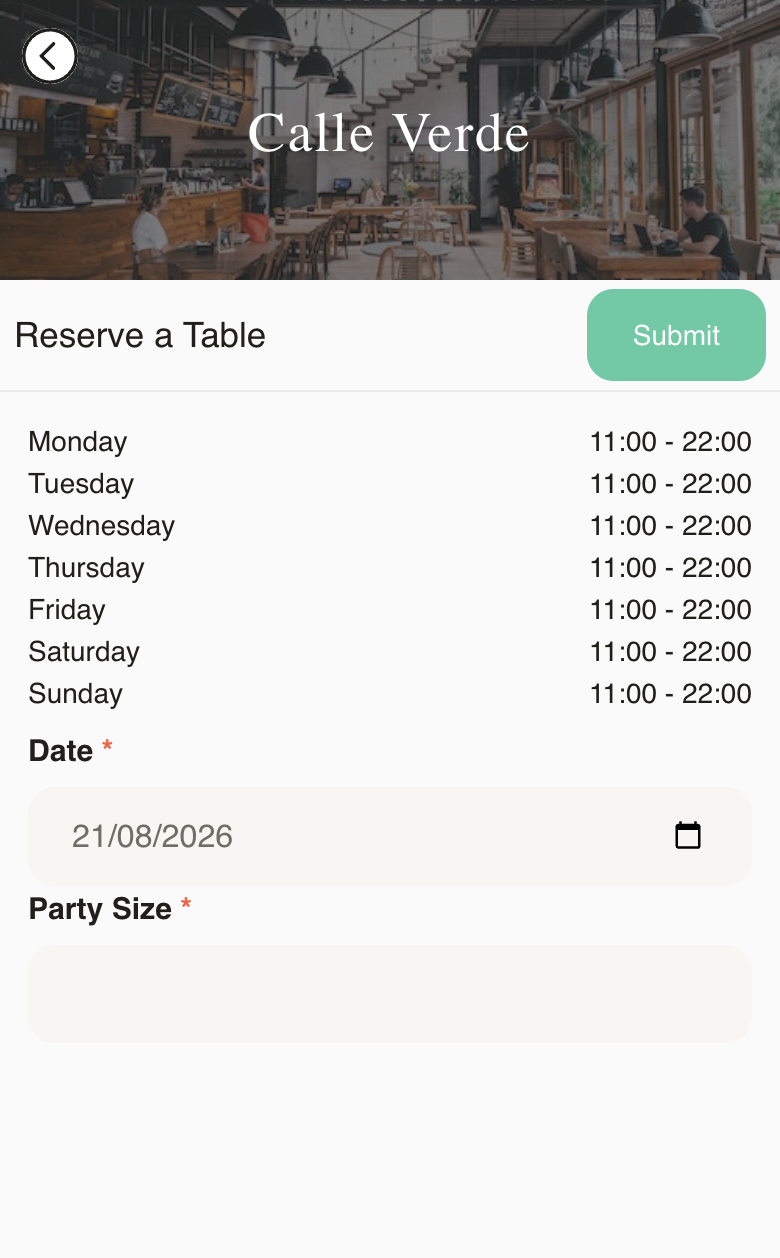 Menulio table-request form for the fictional Calle Verde menu