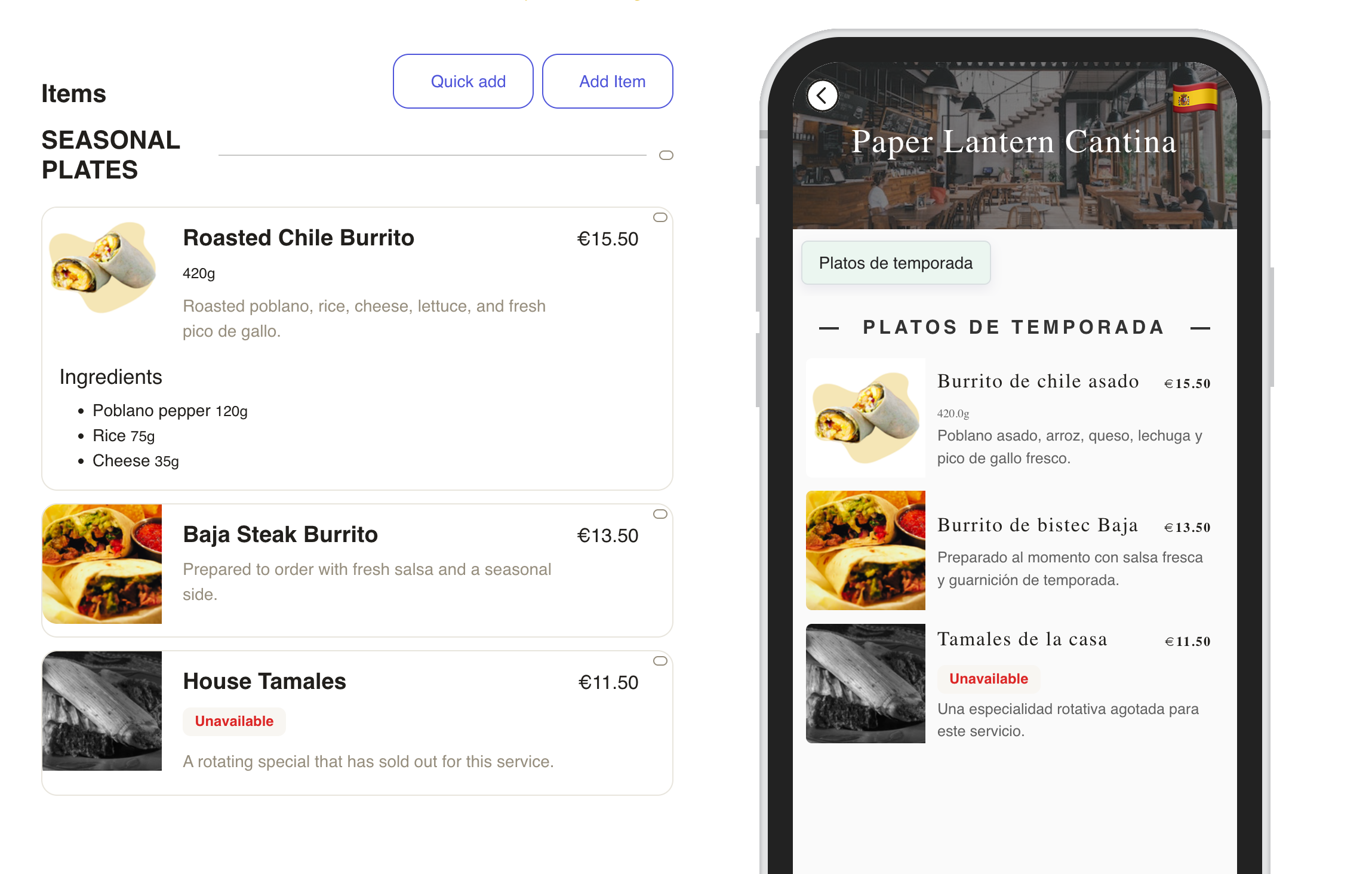 Fictional Paper Lantern Cantina menu in Menulio, with its editor and Spanish guest view