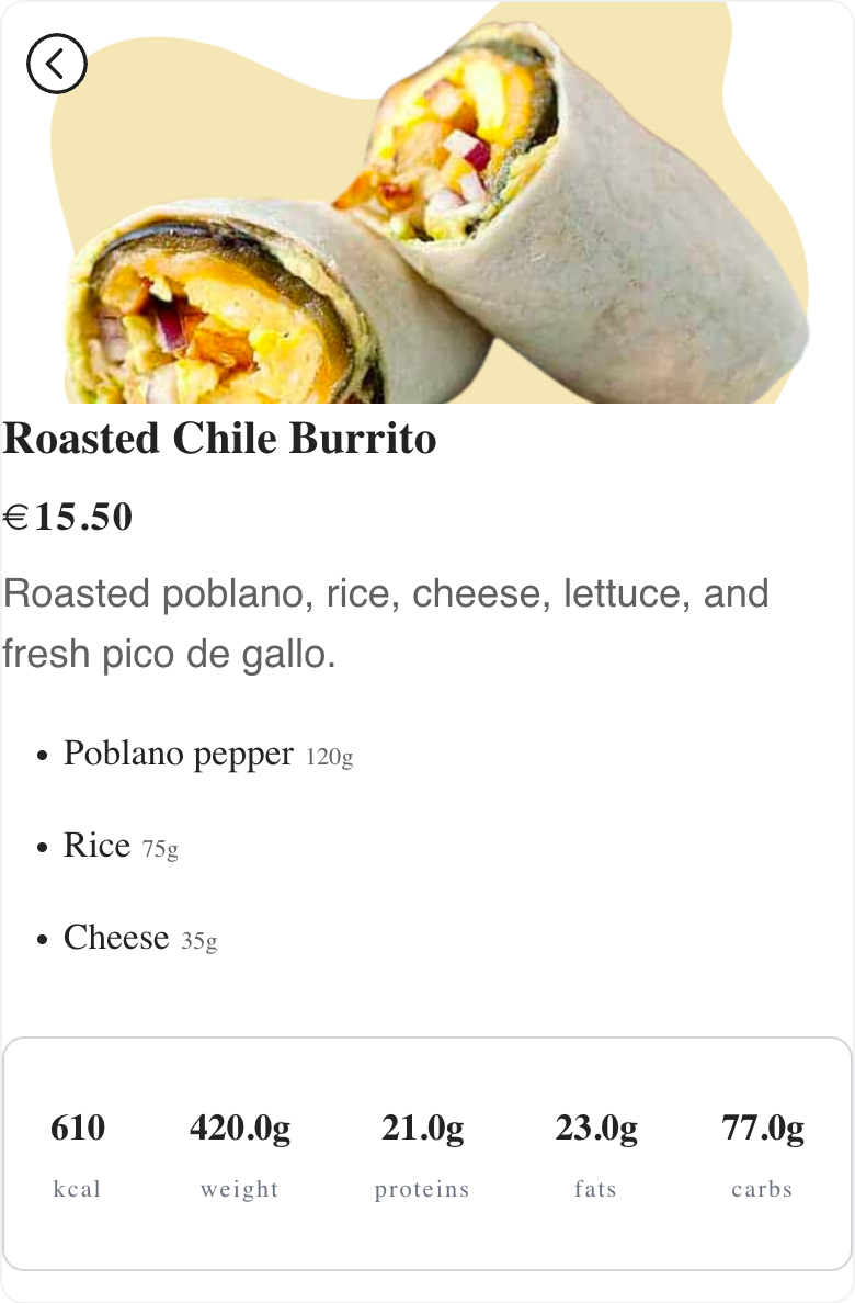 Fictional Roasted Chile Burrito guest page in Menulio with ingredients and nutrition