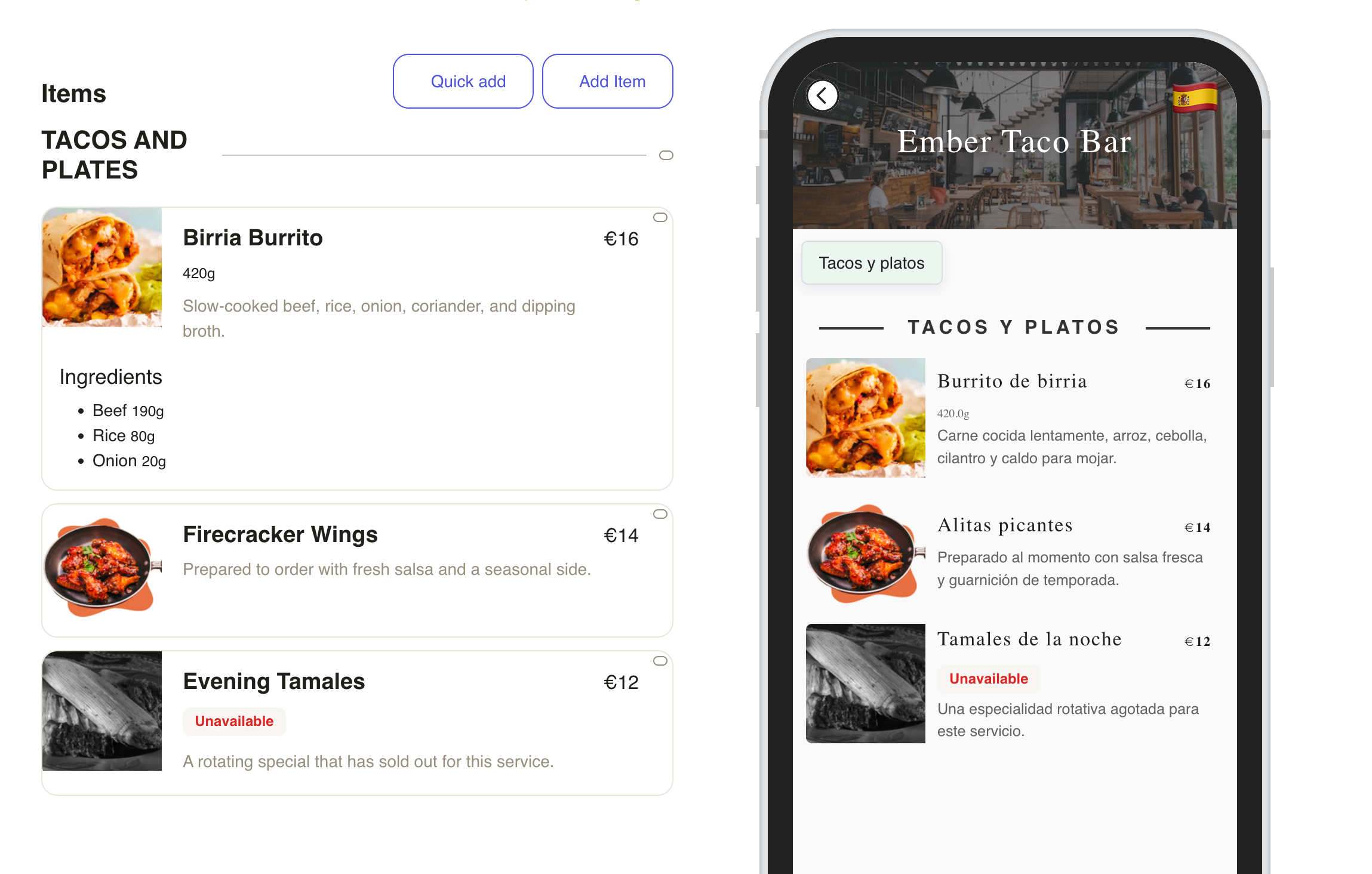 Fictional Ember Taco Bar menu in Menulio, with item controls and its Spanish guest view
