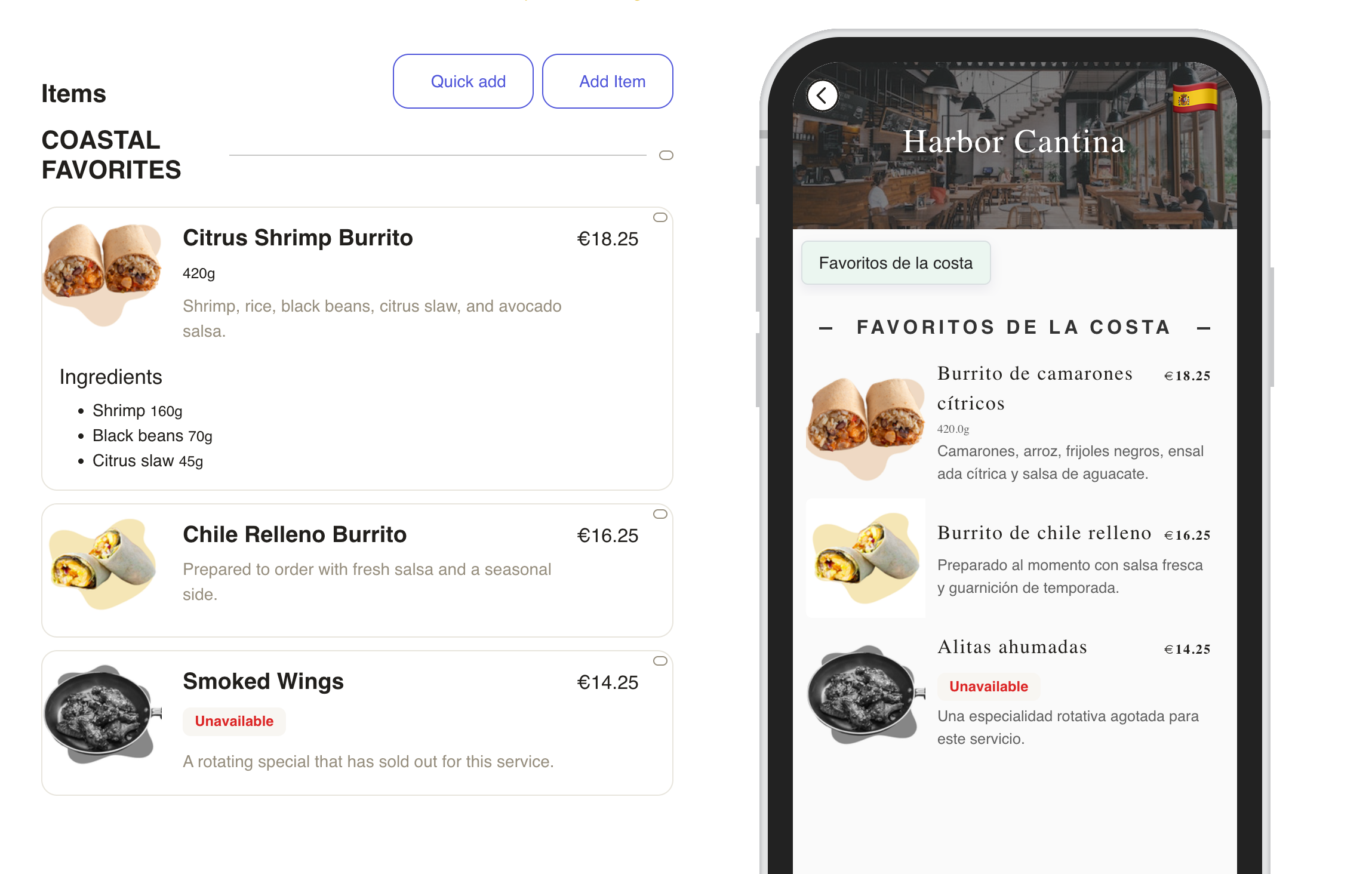 Fictional Harbor Cantina menu in Menulio, with structured item details and its Spanish guest view