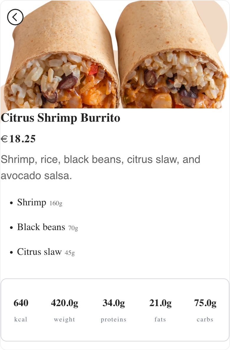 Fictional Citrus Shrimp Burrito guest page in Menulio with ingredients and nutrition