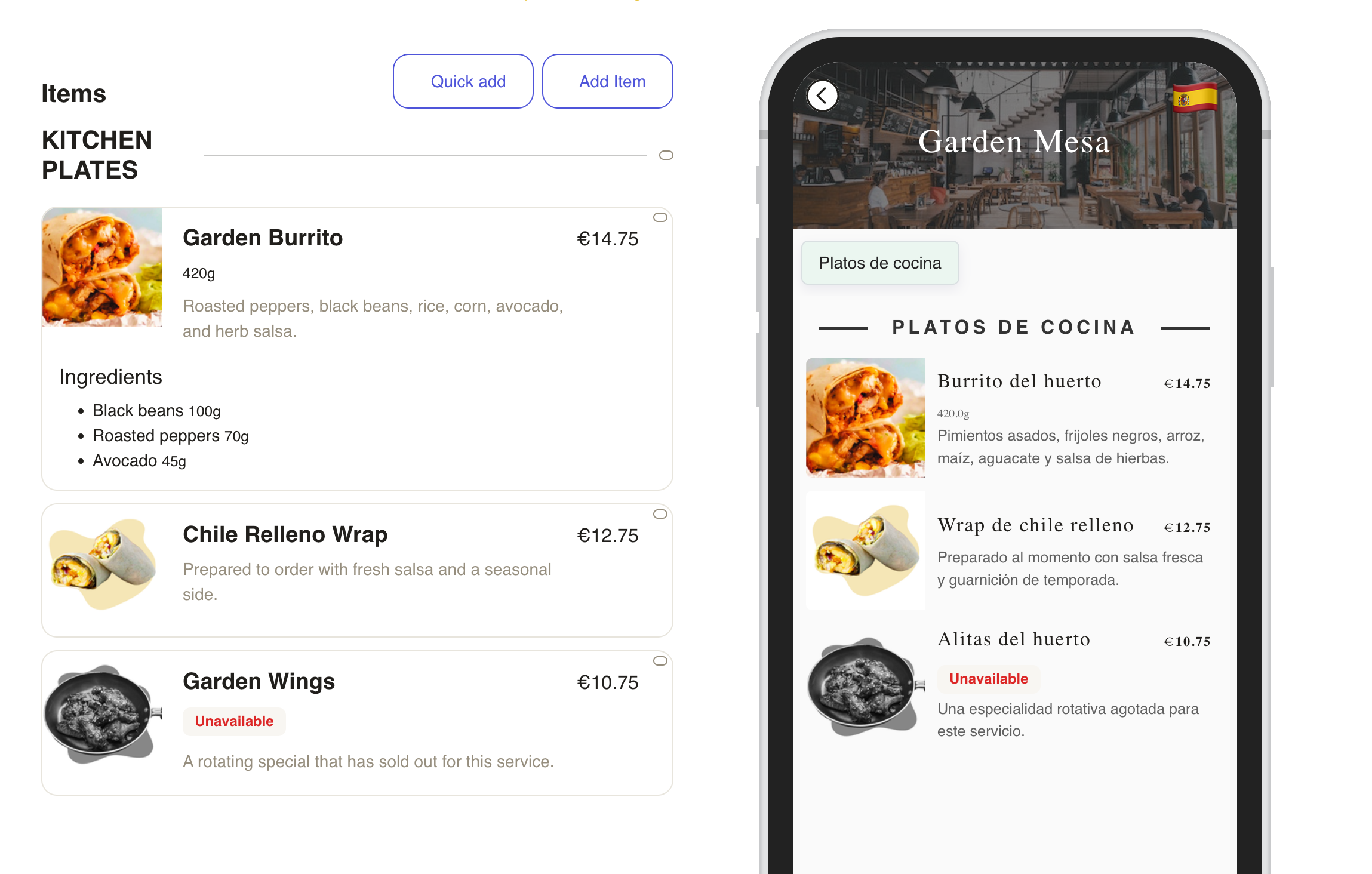 Fictional Garden Mesa menu in Menulio, with structured ingredients and its Spanish guest view