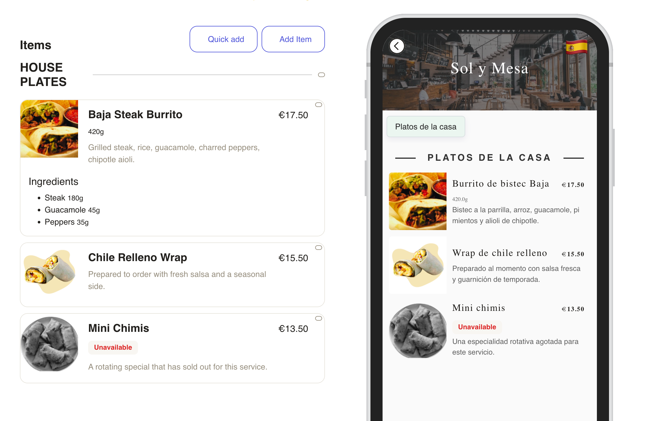 Fictional Sol y Mesa menu in Menulio, with its operator editor and Spanish guest view
