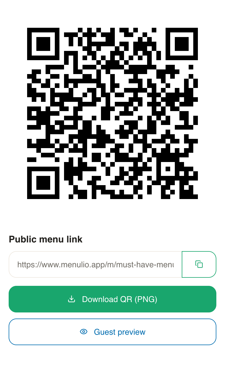 Menulio QR sharing screen for the fictional Sol y Mesa menu