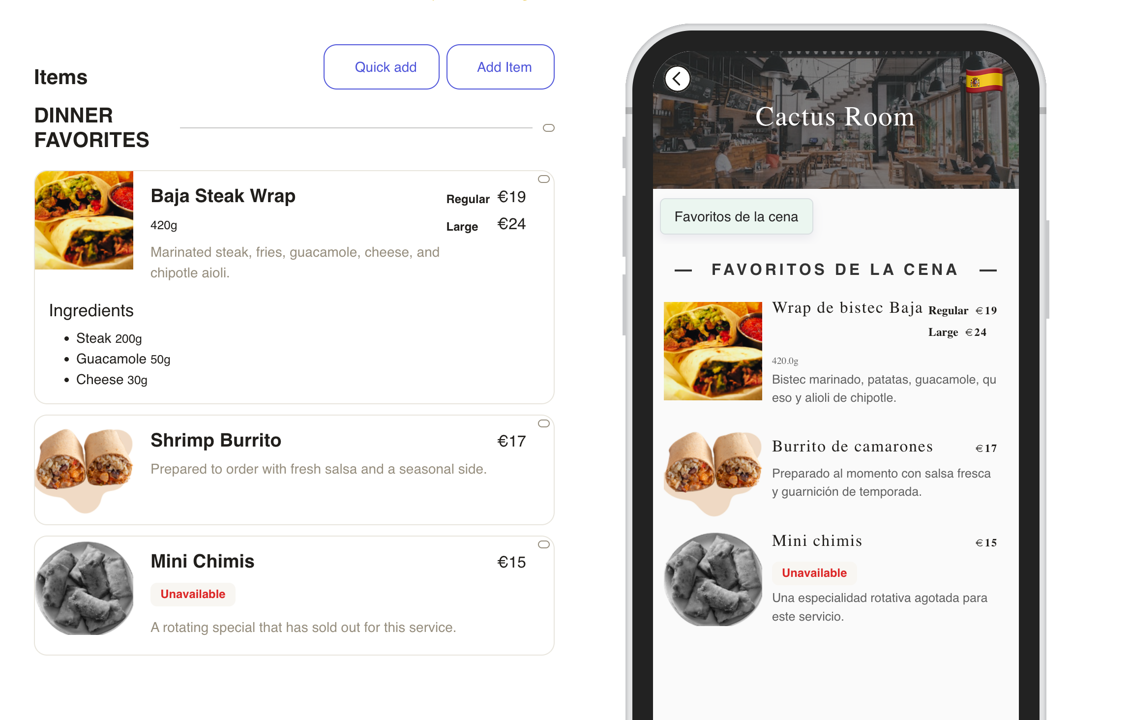 Fictional Cactus Room menu in Menulio, with price variants and its Spanish guest view
