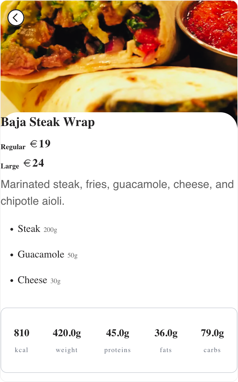 Fictional Baja Steak Wrap guest page in Menulio with price variants, ingredients, and nutrition