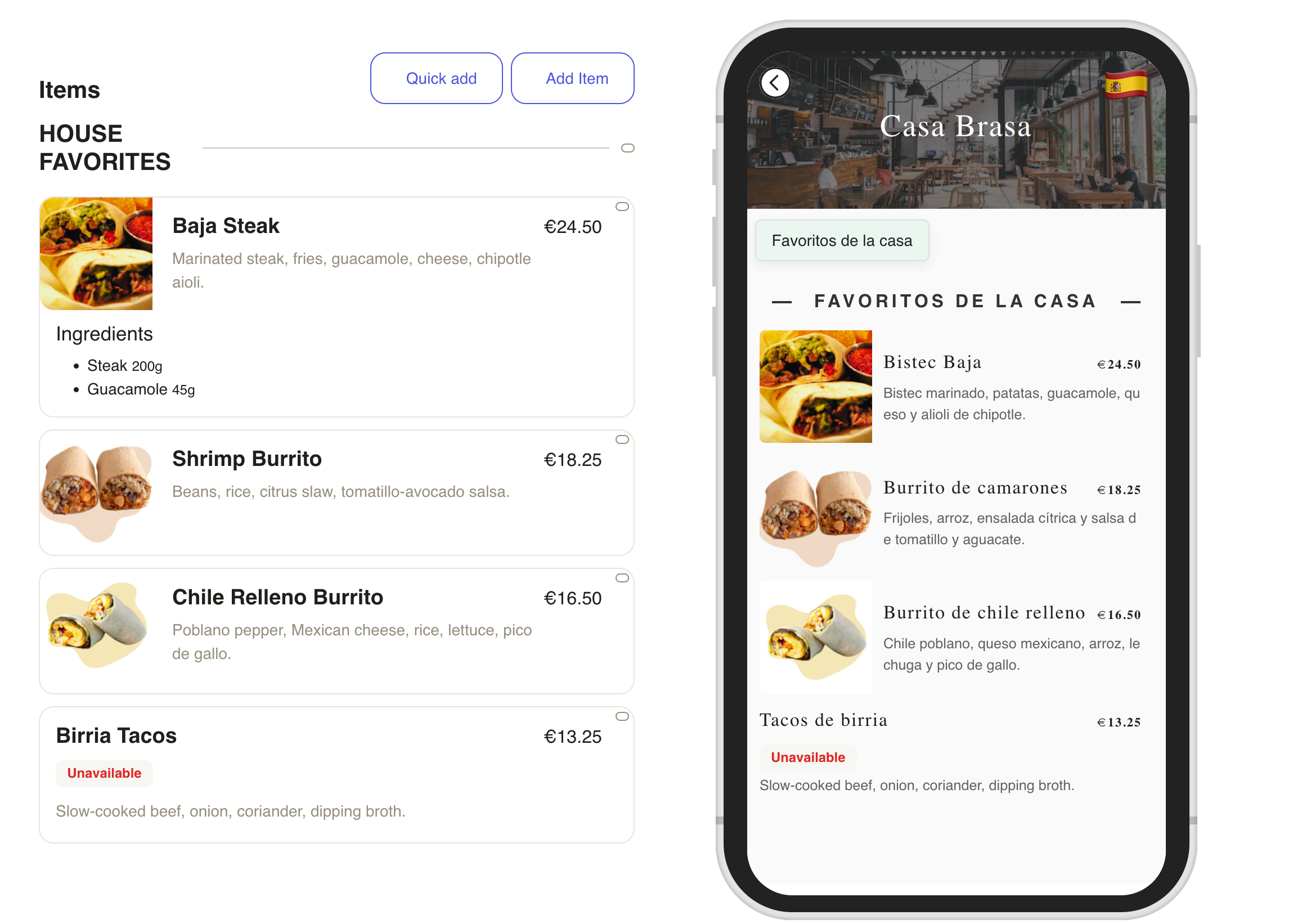 Fictional Casa Brasa menu in Menulio showing Spanish dishes, photos, prices, and an unavailable item