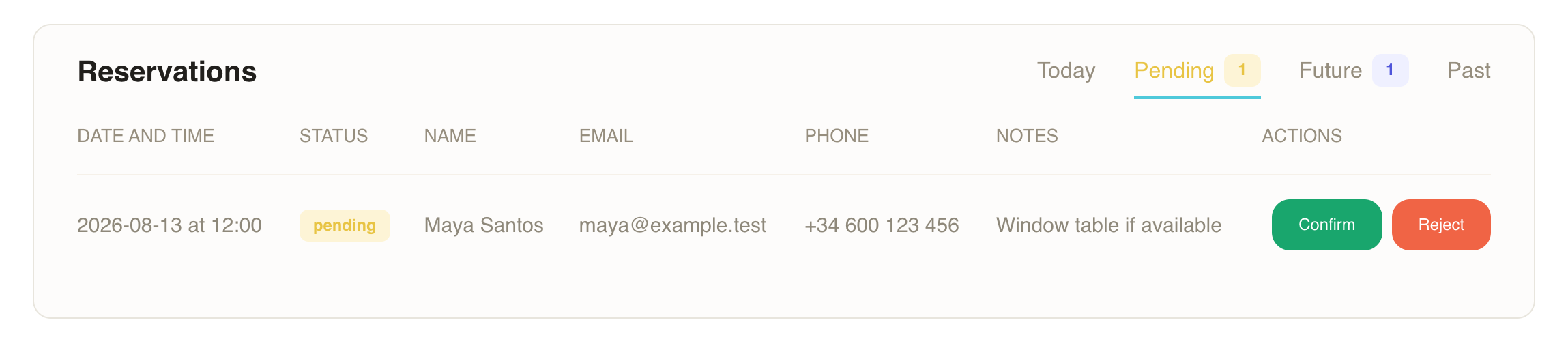 Menulio reservation workflow for fictional Casa Brasa, from guest request confirmation to operator review