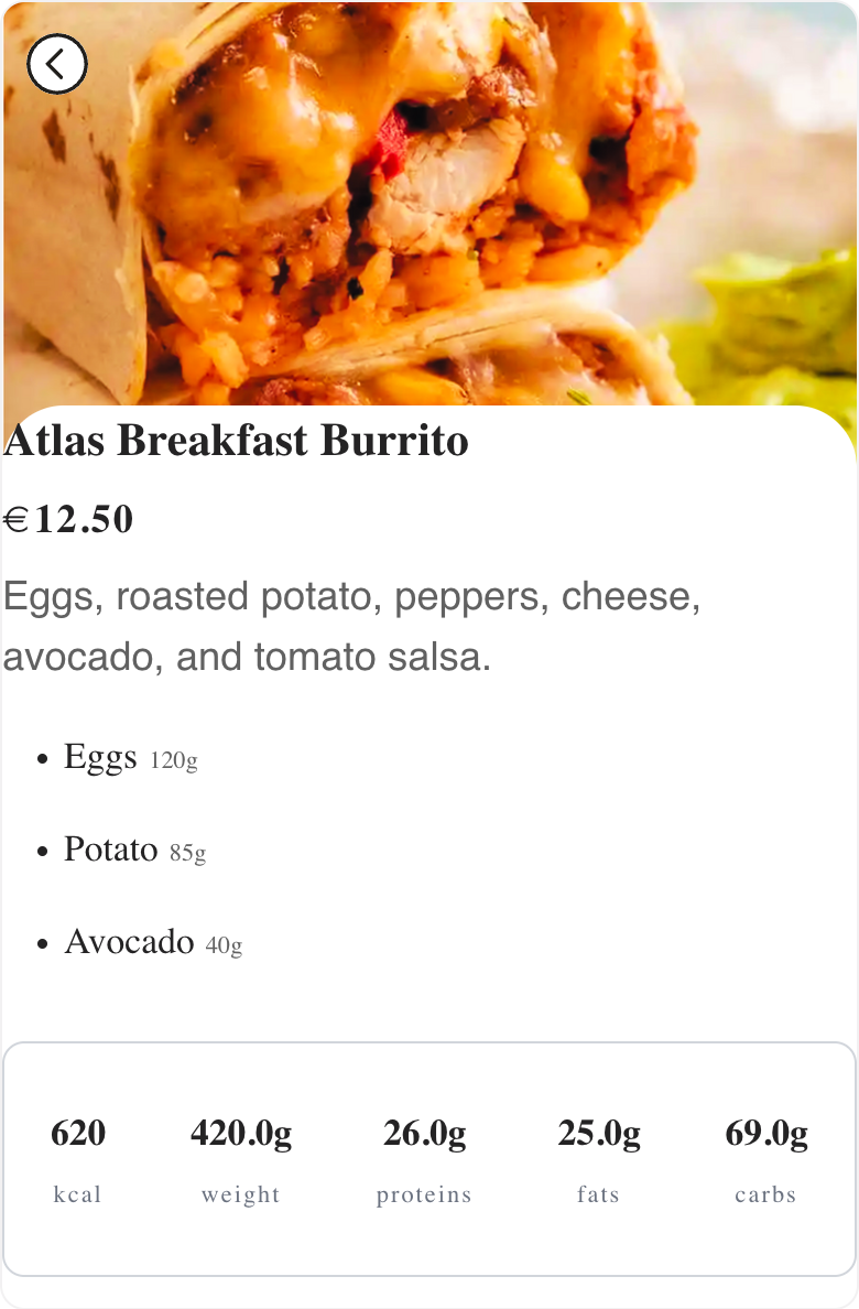 Fictional Atlas Breakfast Burrito phone page in Menulio with ingredients and nutrition