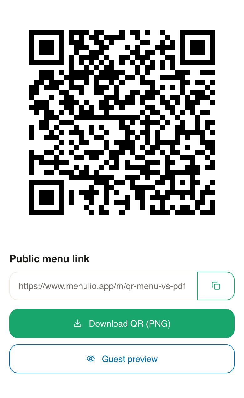 Menulio QR sharing screen for the fictional Atlas Cafe menu
