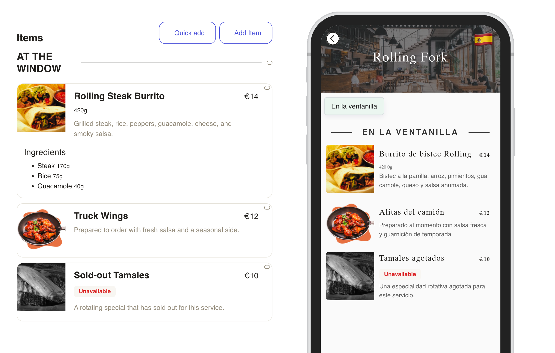 Fictional Rolling Fork food-truck menu in Menulio, with its editor and Spanish guest view