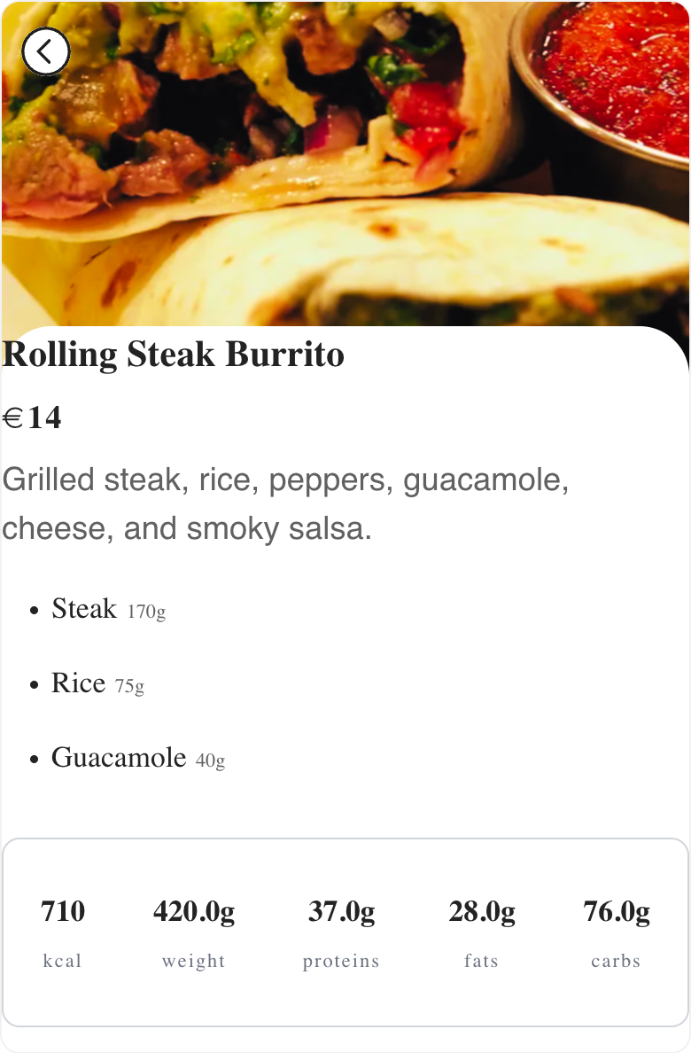 Fictional Rolling Steak Burrito phone page in Menulio with ingredients and nutrition