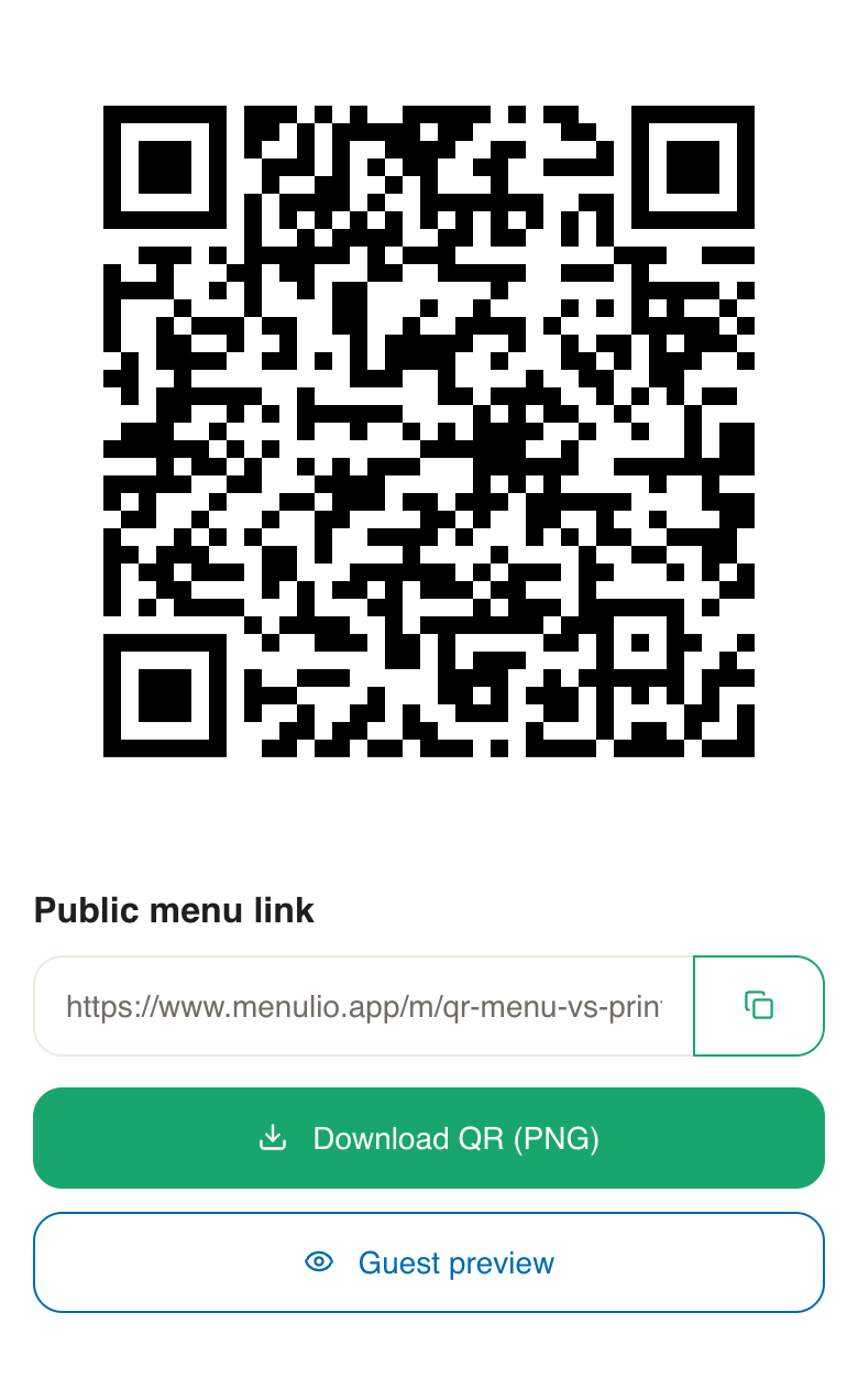 Menulio QR sharing screen for the fictional Rolling Fork menu