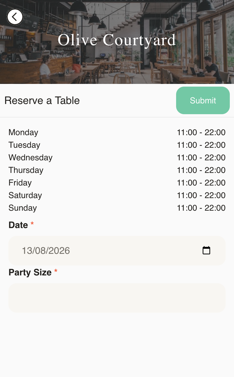 Menulio table-request form for the fictional Olive Courtyard menu