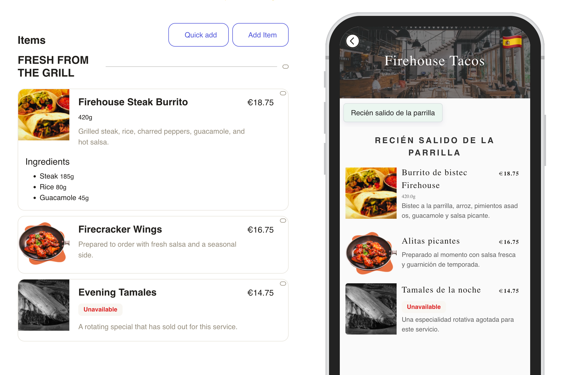 Fictional Firehouse Tacos menu in Menulio, with its operator editor and Spanish guest view