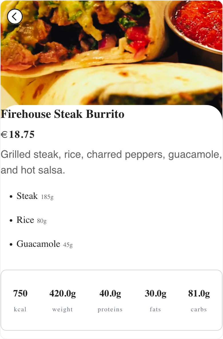 Fictional Firehouse Steak Burrito guest page in Menulio with ingredients and nutrition