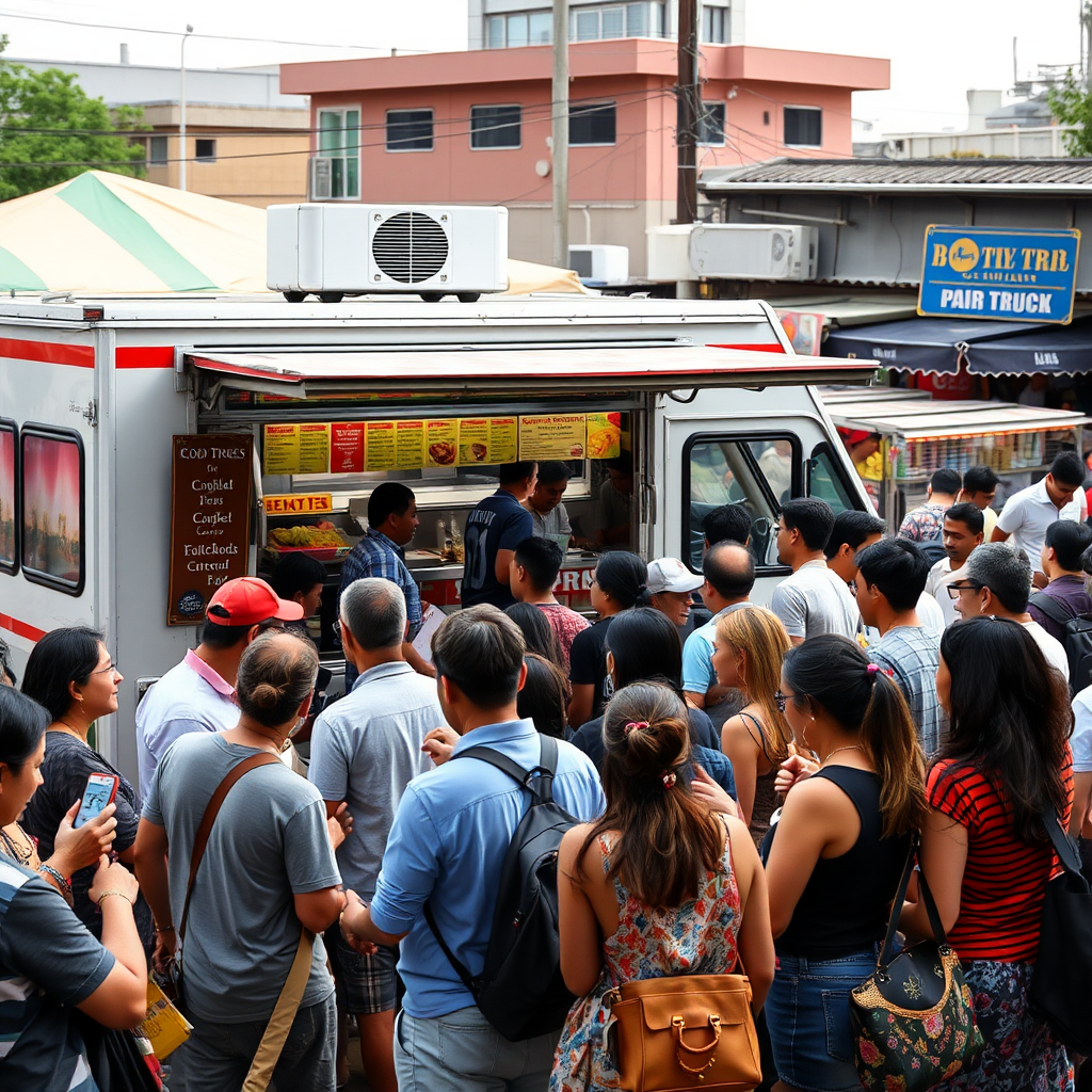 Food truck operator serving guests from a truck window